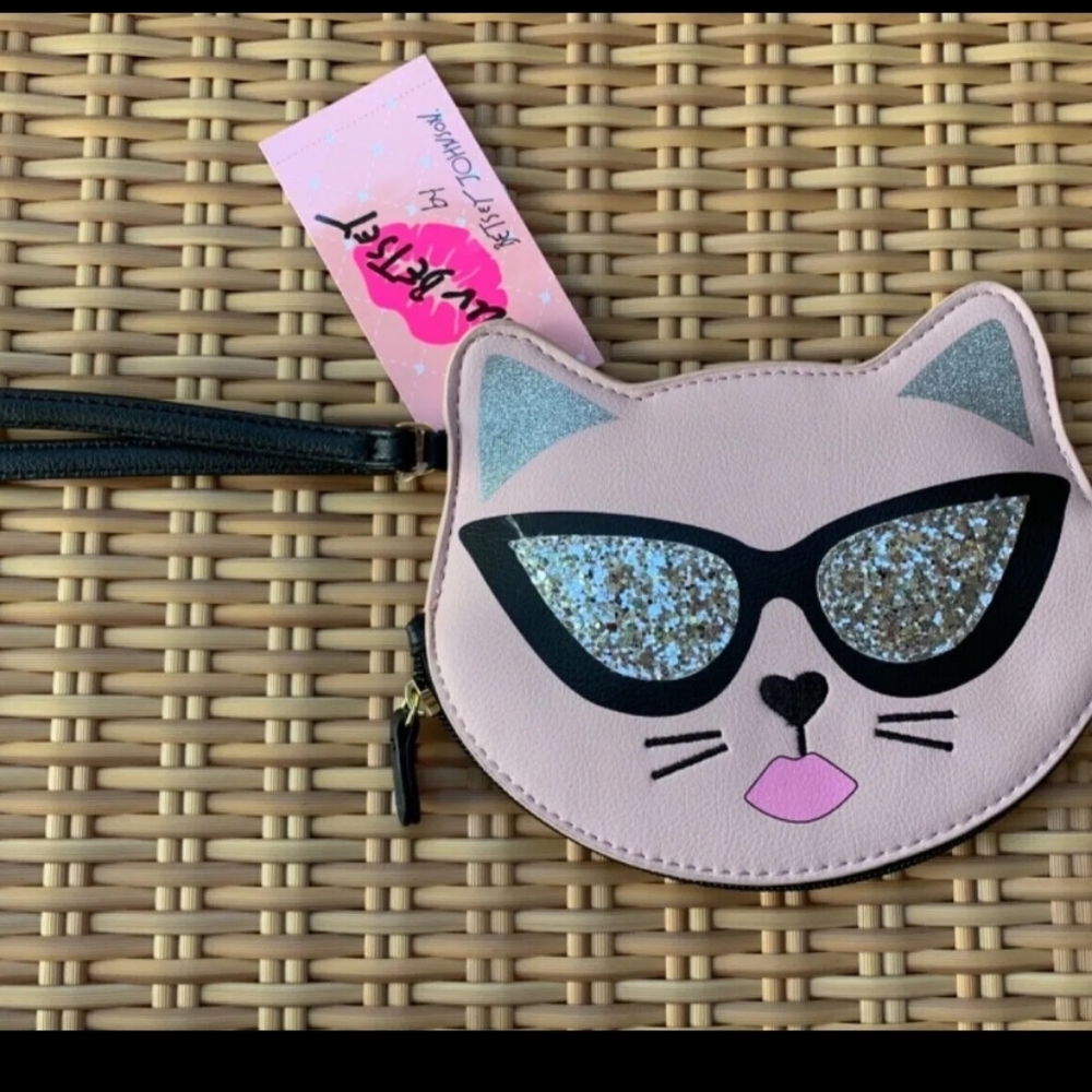 NEW Luv Betsey Johnson Pink Cat With Sunglasses Wristlet Purse Bag Cat Lovers 